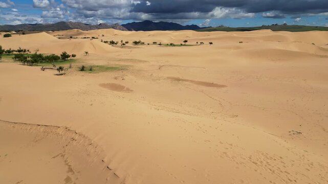 Flyover unique desert sand dune landscape of Elsen Tasarkhai, Mongolia