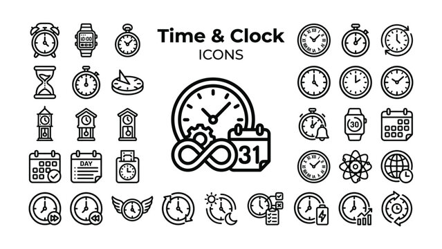 Time & Clock Icons Set: A comprehensive collection of vector icons representing various timekeeping devices and concepts, including alarm clocks, hourglasses, sundials, wristwatches, pocket watches.