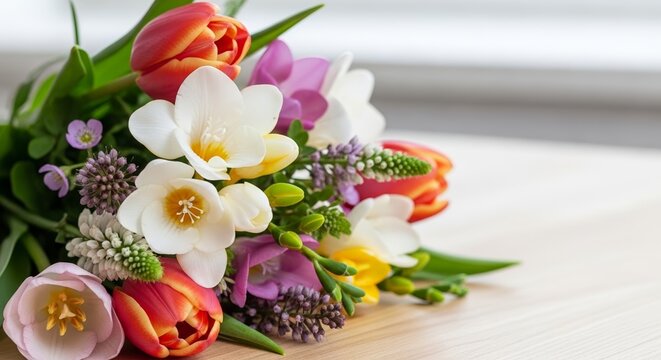 Colorful bouquet of tulips, orchids, and seasonal flowers arranged gracefully on table. Fresh flowers create a vibrant atmosphere, perfect for wedding chuppa decoration or special occasions.