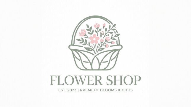 Elegant flower shop logo design featuring a delicate floral basket with pink blooms and green foliage for botanical branding and natural gifts