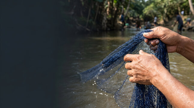 Close Up View Of Fisherman Hands Holding And Preparing Blue Cast Net In Freshwater River With Water Droplets Over Natural Background