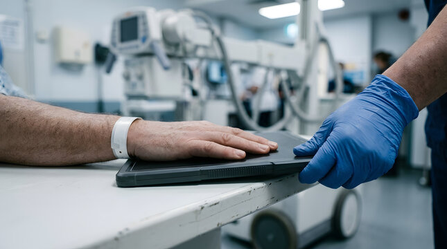 Medical professional in blue nitrile gloves positioning a digital radiography detector plate under a patient hand for an X-ray imaging scan inside a hospital radiology suite with specialized equipment