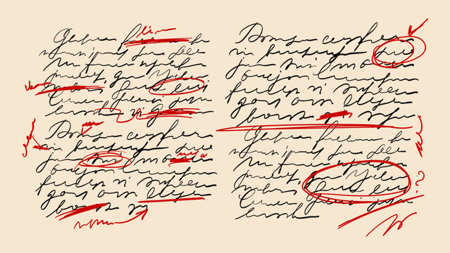 Script paper overlay handwriting unreadable text. Ink written background, dirty splash diary elements. Pen marker scribble abstract texture calligraphy document. Vector isolated illustration