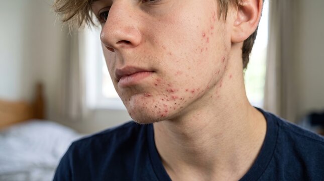 Close-up profile of teenage boy face with severe acne vulgaris breakouts on jawline