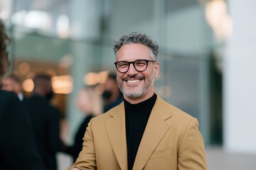 Fototapeta premium Man with glasses in mustard blazer smiling and shaking hands for corporate meeting background and executive portrait for partnership scenes