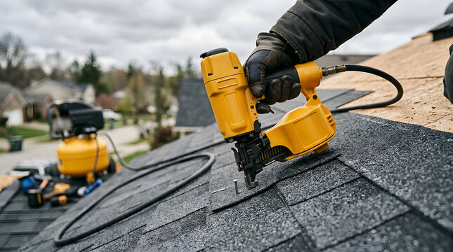 Professional roofer using a pneumatic nail gun to install asphalt shingles on a residential roof structure, close-up shot showing construction safety, home renovation, and housing maintenance industry