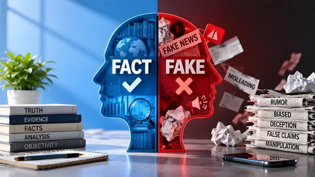 Split human head concept showing contrast between facts and fake news with books magnifying glass and crumpled paper representing media literacy and misinformation