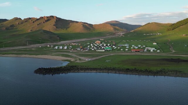 Aerial view of yurt resort compound on Terkhiin Tsagaan Lake, Mongolia