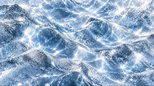 Abstract frozen ice surface with shimmering caustic light and drifting frost particles. Cold winter background with crystalline texture and luminous reflections.