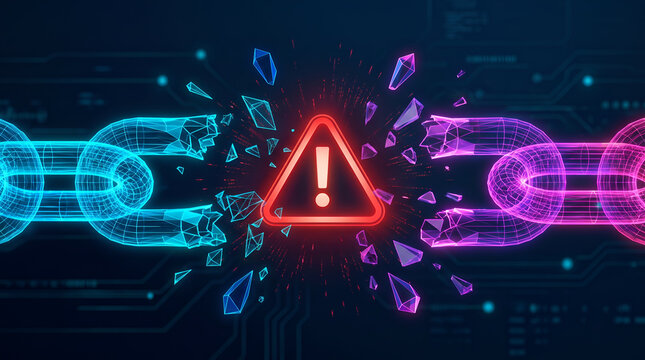 Digital security breach warning featuring a breaking wireframe network chain with a glowing red alert triangle