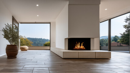 Obraz premium Modern luxury living room with central fireplace, large windows, natural light, wooden floor, minimalist decor, and scenic outdoor view