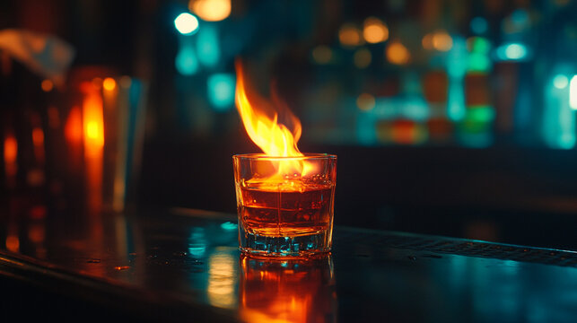 Flaming drink on wet bar table