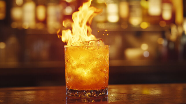 Flaming orange drink on bar
