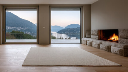 Obraz premium Modern luxury living room with stone fireplace, large windows, lake view, wooden floor, neutral tones, cozy atmosphere