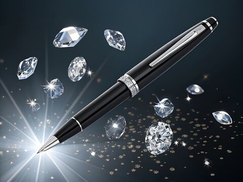 Elegant black pen with diamond accents and scattered crystals during a sparkling light effect on a dark gradient background