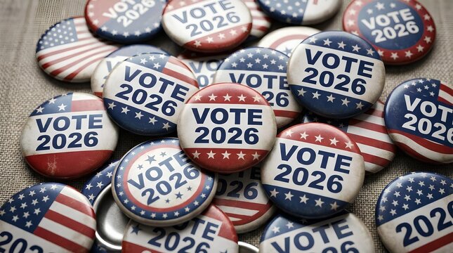 Pile of red, white, and blue Vote 2026 campaign buttons.