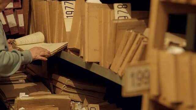 Archivist Searching Through Old Paper Folders And Document Files In Archive Room. Records Management