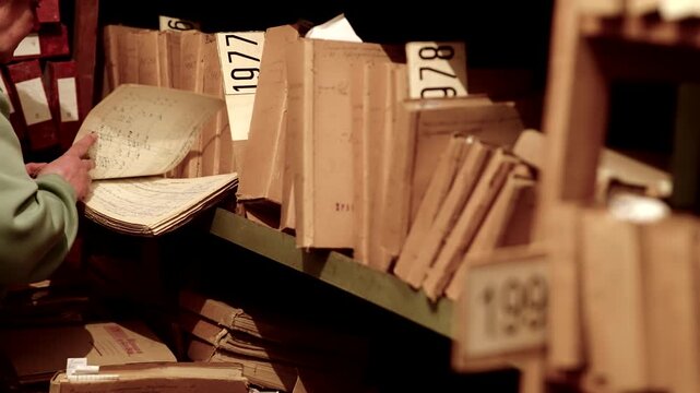 Librarian Searching Through Vintage Documents Folders In Archive Storage. Historical Catalog Records. Paperwork Information 