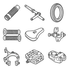 Fototapeta premium BMX Bike Parts Vector Illustration: Handlebar Grips, Pedals, Seat, Brake, Crankset, Tire