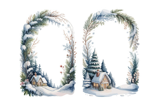 Watercolor Christmas Cottage Winter Frame vector illustration isolated on white background