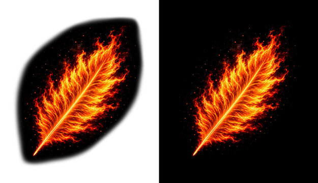 Glowing fiery phoenix feather with bright orange flames and sparks for creative fantasy design projects