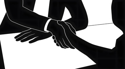 Fototapeta premium Black and white silhouette illustration of a close-up handshake over desk documents, symbolizing business agreement, corporate partnership, deal closure, and mutual trust.