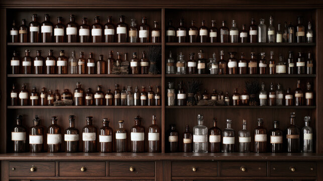 Vintage apothecary cabinet filled with amber glass medicine bottles and botanical containers on dark wooden shelves