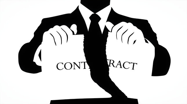 Black and white silhouette illustration of a businessman ripping a contract paper in half, isolated on white background, ideal for contract cancellation, legal dispute, and deal termination.