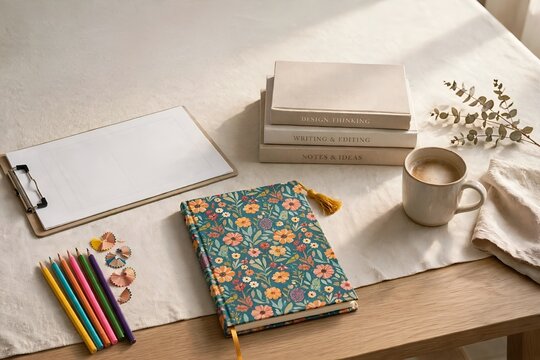 Cozy creative workspace with colorful pencils, floral notebook, books, coffee cup, and soft natural light on a wooden table.