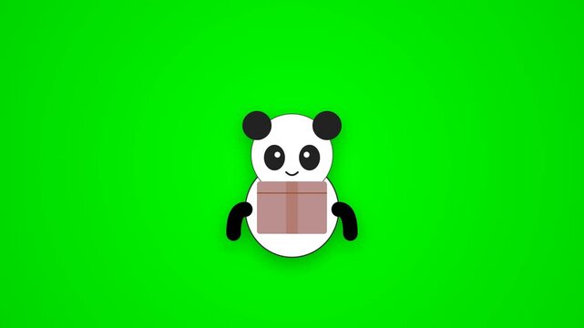 Cute cartoon panda holding a gift box on green background