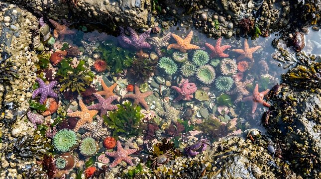 Diverse starfish and sea anemones in a rocky tide pool at low tide