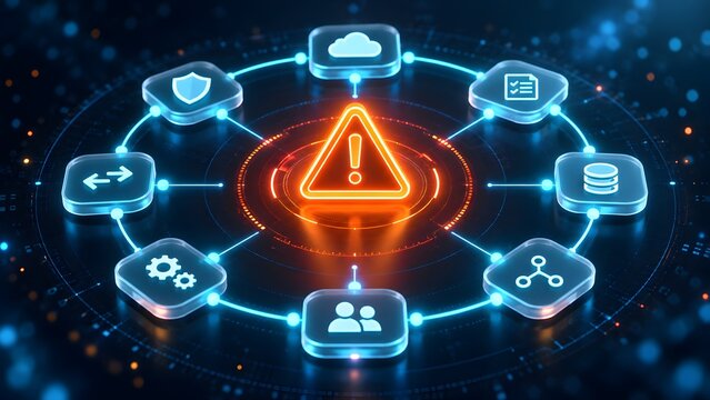Circular network dashboard with central glowing warning alert representing global cyber security threat and system vulnerability
