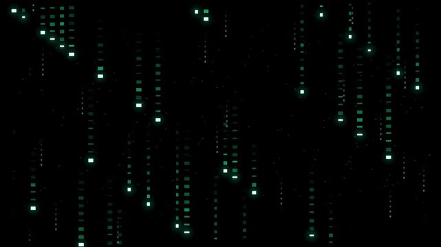 Binary code raining down in columns in cool white on a pure black background, ready to drop straight onto footage with a screen or add blend mode. Seamless looping 4K overlay element for video editing