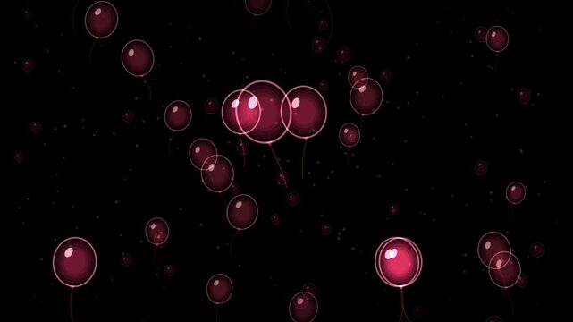 Balloons rising with a gentle bob in coral and magenta on a pure black background, ready to drop straight onto footage with a screen or add blend mode. Seamless looping 4K overlay element for video ed