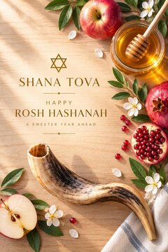 Vertical greeting card for Jewish New Year. Happy Rosh Hashanah and Shana Tova typography. Minimalist elegant design with traditional symbols shofar, honey, apple and pomegranate