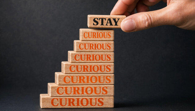 Hand placing wooden block with stay on top of curious blocks staircase concept for personal growth and learning