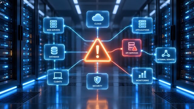Holographic network dashboard in server room showing central warning alert pointing to critical API service failure