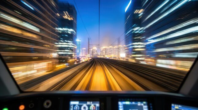 Modern train cockpit view displays high speed journey through city skyline at dusk for urban transit visuals.