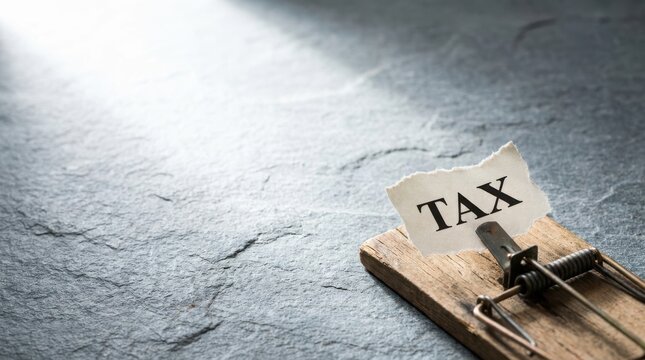 Paper piece showing tax word placed as bait on classic wooden mousetrap over dark textured stone background.