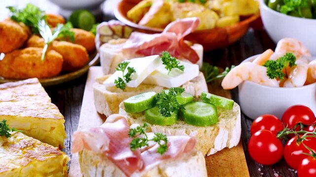 Spanish Tapas Assortment and Pintxos with Jamon Cheese Croquettes and Tortilla