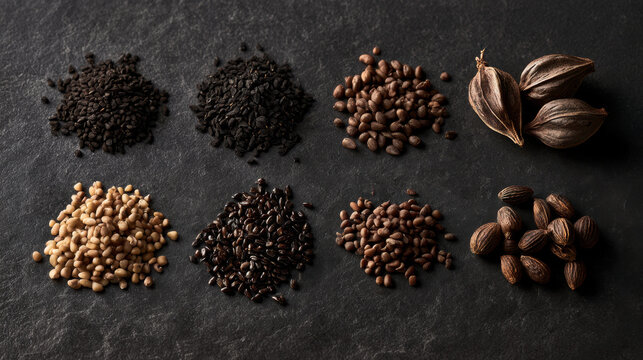 Assorted botanical seeds and dried pods arranged in separate groups on a dark textured background