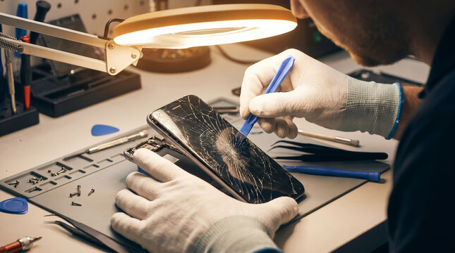 Technician Repairs Cracked Smartphone Screen with Tools in Workshop