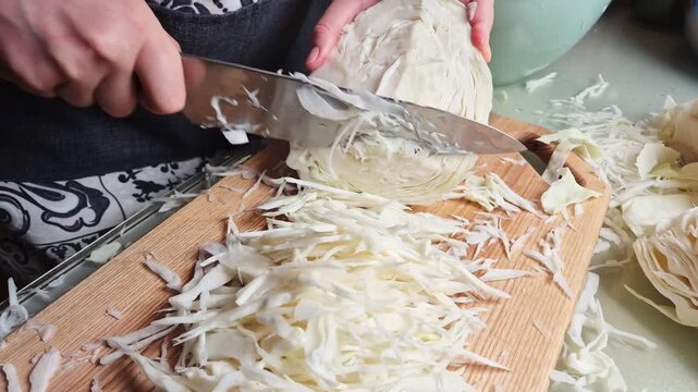 A person is meticulously slicing a head of fresh white cabbage into thin shreds on a wooden cutting board in slow motion