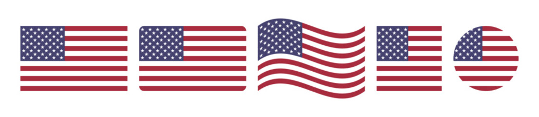 Fototapeta premium United States Flag Collection Set with Flat Rounded Waving Square and Circle Shapes Vector
