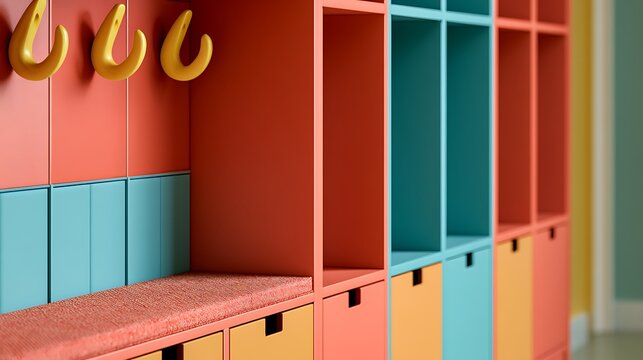 Colorful Kids Cubby Storage Unit with Hooks for Classroom.