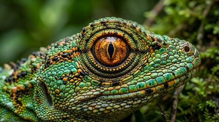 Obraz premium Macro close-up of a green lizard eye in the wild with textured scales