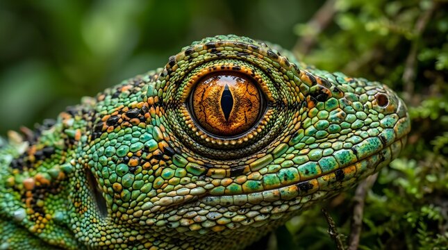 Macro close-up of a green lizard eye in the wild with textured scales