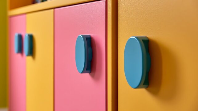 Vibrant Colorful Children Bedroom Cabinet With Modern Round Blue Knobs.