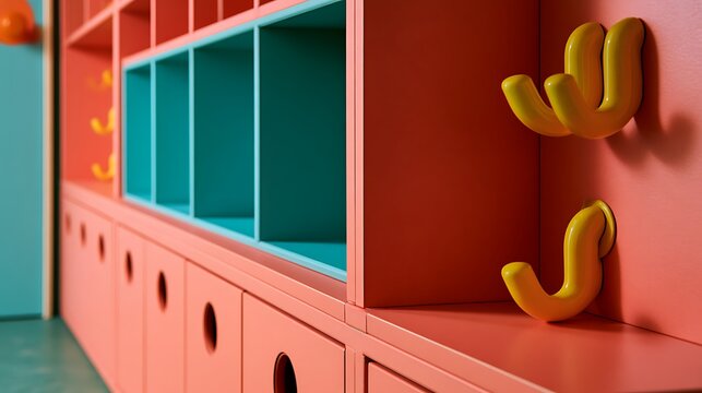 Modern colorful wooden cubbies and yellow coat hooks in a kindergarten classroom.