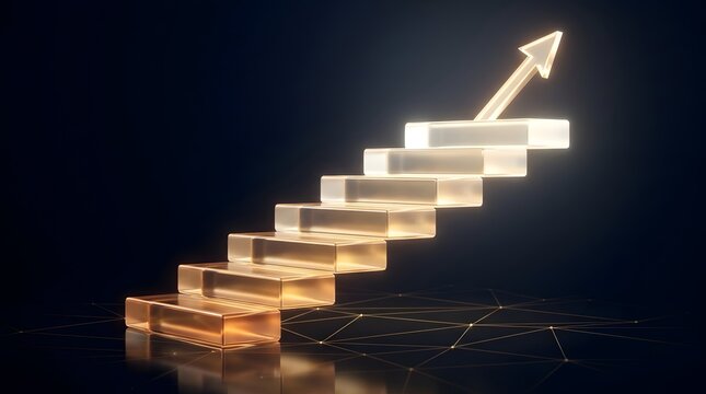 Glass staircase with upward arrow symbolizing growth